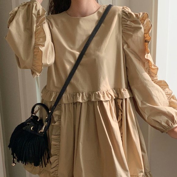 Nomikuma Sweet Ruffle Patchwork Dresses Women Puff Sleeve O-neck Dress 2021 Autu - Picture 3 of 3